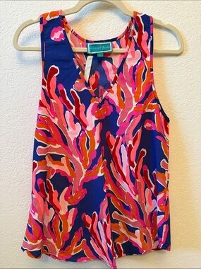 Southern Frock Women’s Bright Blue V-Neck Tank w/ Pink & Orange Coral Print. NWT